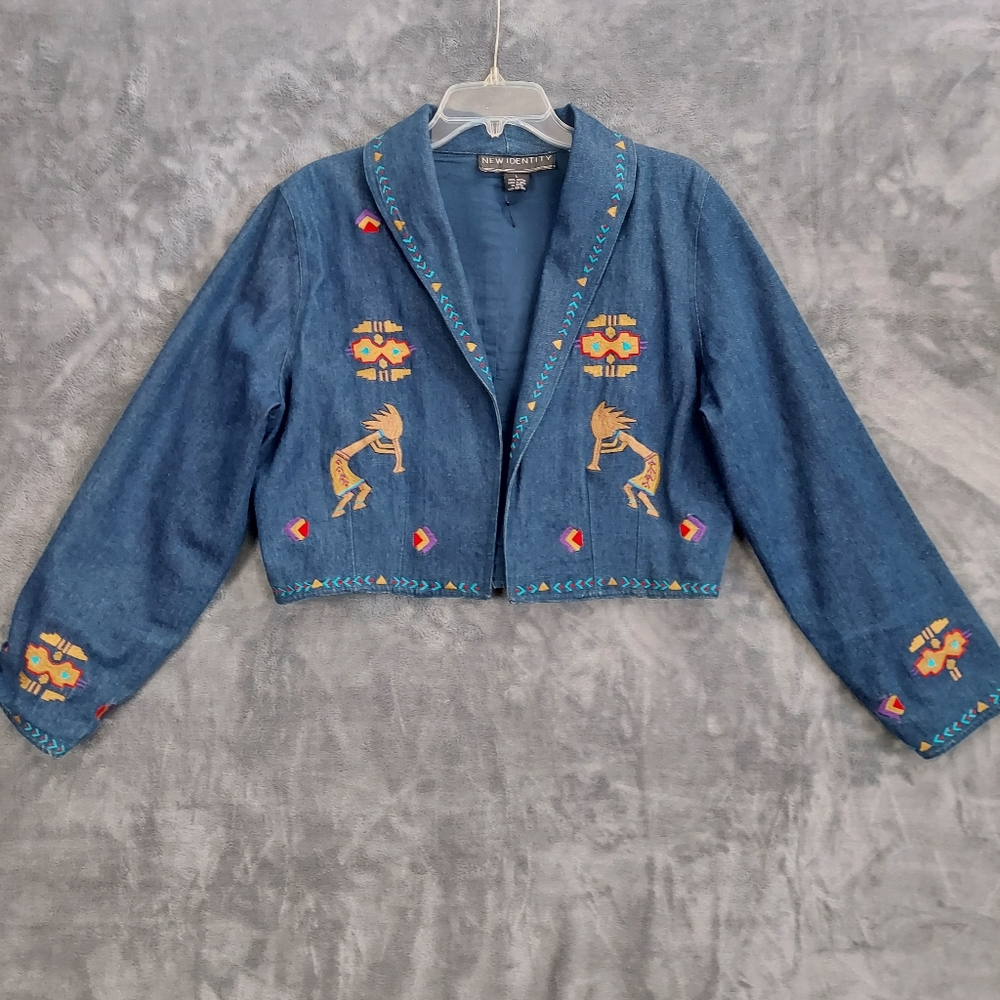 New Identity Cropped Denim Jacket With Embroidery, Women's L, Blue - Picture 2 of 12